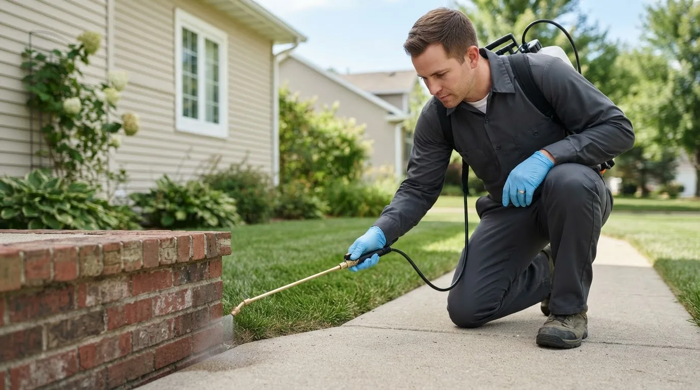 Pest control technician treating a home near Kimball, MN